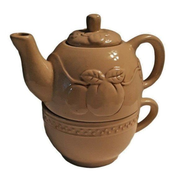 Vintage Stackable Tea Pot w/ Cup 3 Pieces Single-Serve Ceramic Apples